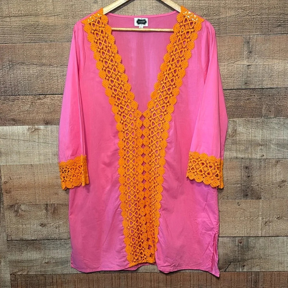 Mud Pie Other - Mud Pie Nora Crochet Tunic Swim Cover Pink & Orange Women’s size Large(12-14)